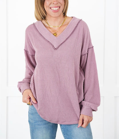 Women's Ribbed Long Sleeve V-Neck Pullover Top