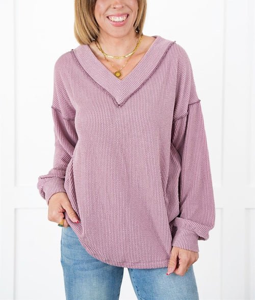 Women's Ribbed Long Sleeve V-Neck Pullover Top
