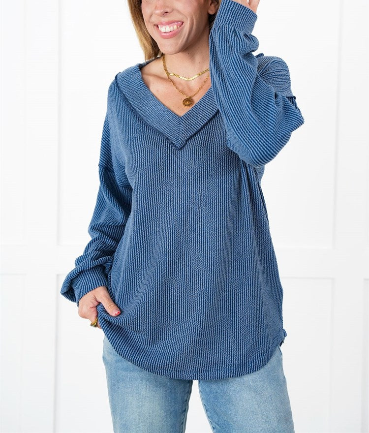 Women's Ribbed Long Sleeve V-Neck Pullover Top