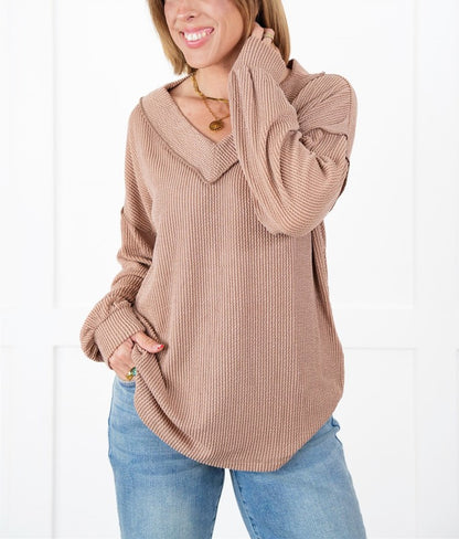 Women's Ribbed Long Sleeve V-Neck Pullover Top