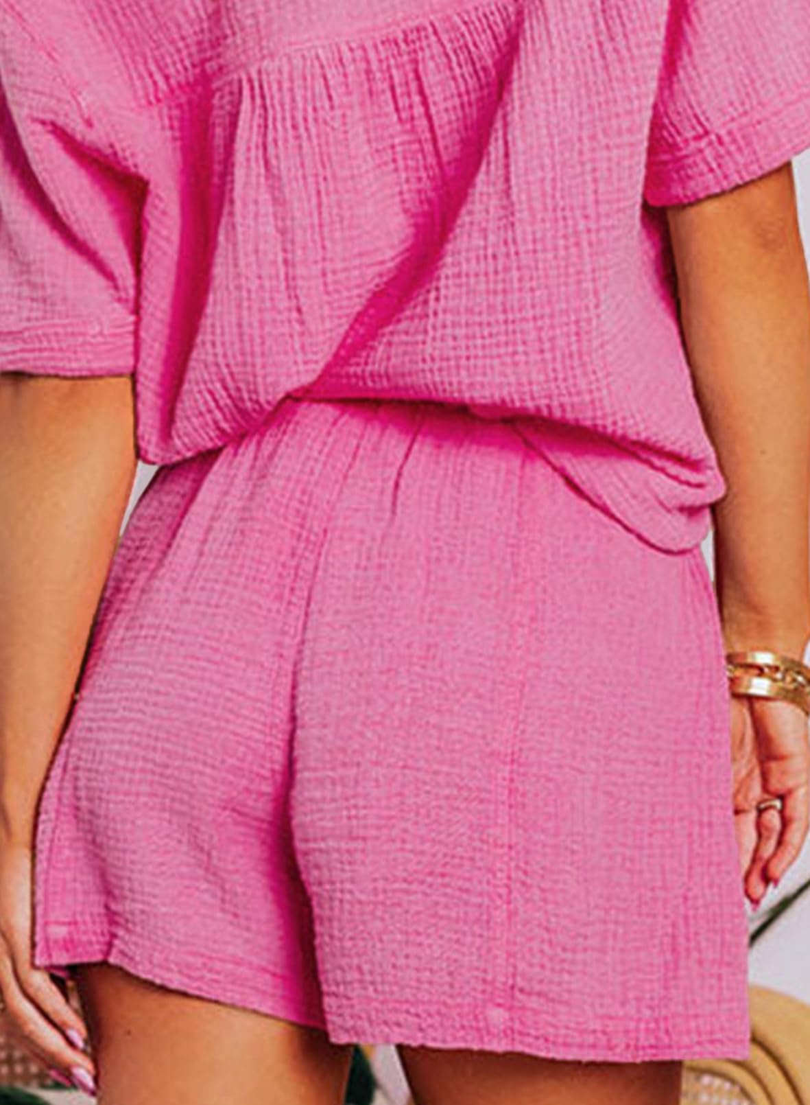 ✨Women's Two Piece Outfits V Neck Short Sleeve Shirts and High Waist Shorts Lounge Sets