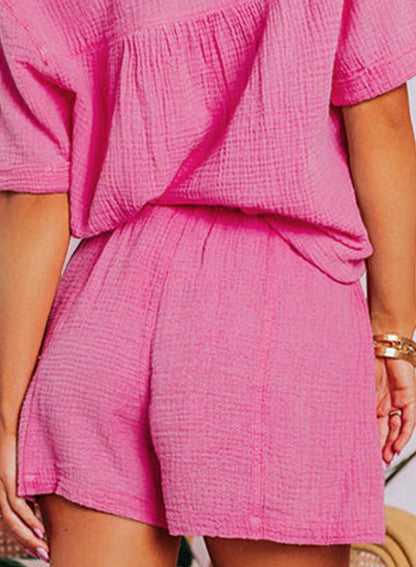 ✨Women's Two Piece Outfits V Neck Short Sleeve Shirts and High Waist Shorts Lounge Sets