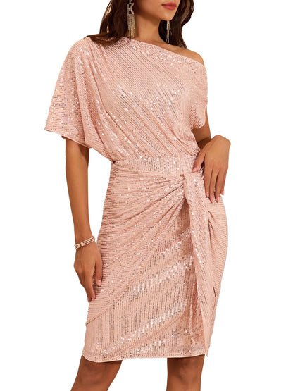 ✨Women's Sequin Sparkly Glitter One Shoulder Ruched Bodycon Dress(Last day 50% OFF!!!)