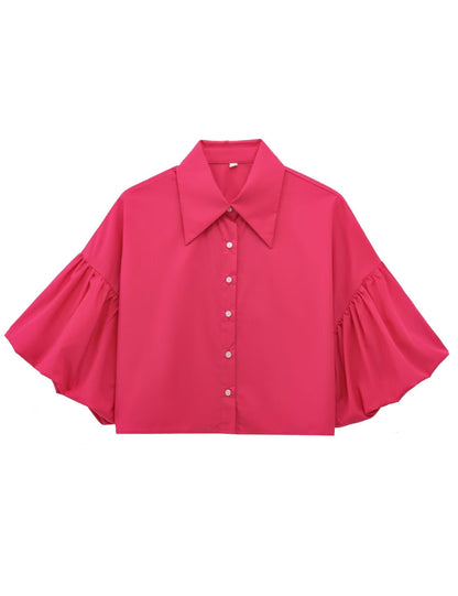 ✨Womens Cute Lantern Sleeve Collar Button Down Crop Tops