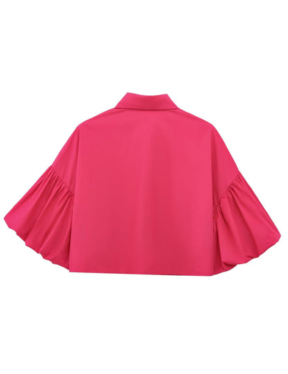 ✨Womens Cute Lantern Sleeve Collar Button Down Crop Tops