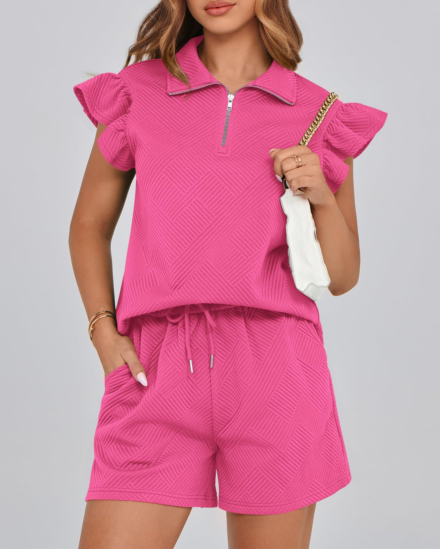 ✨2025 New Women's Zipper V Neck Casual Ruffle Short Sleeve Tops and Drawstring Shorts 2 Piece Outfits