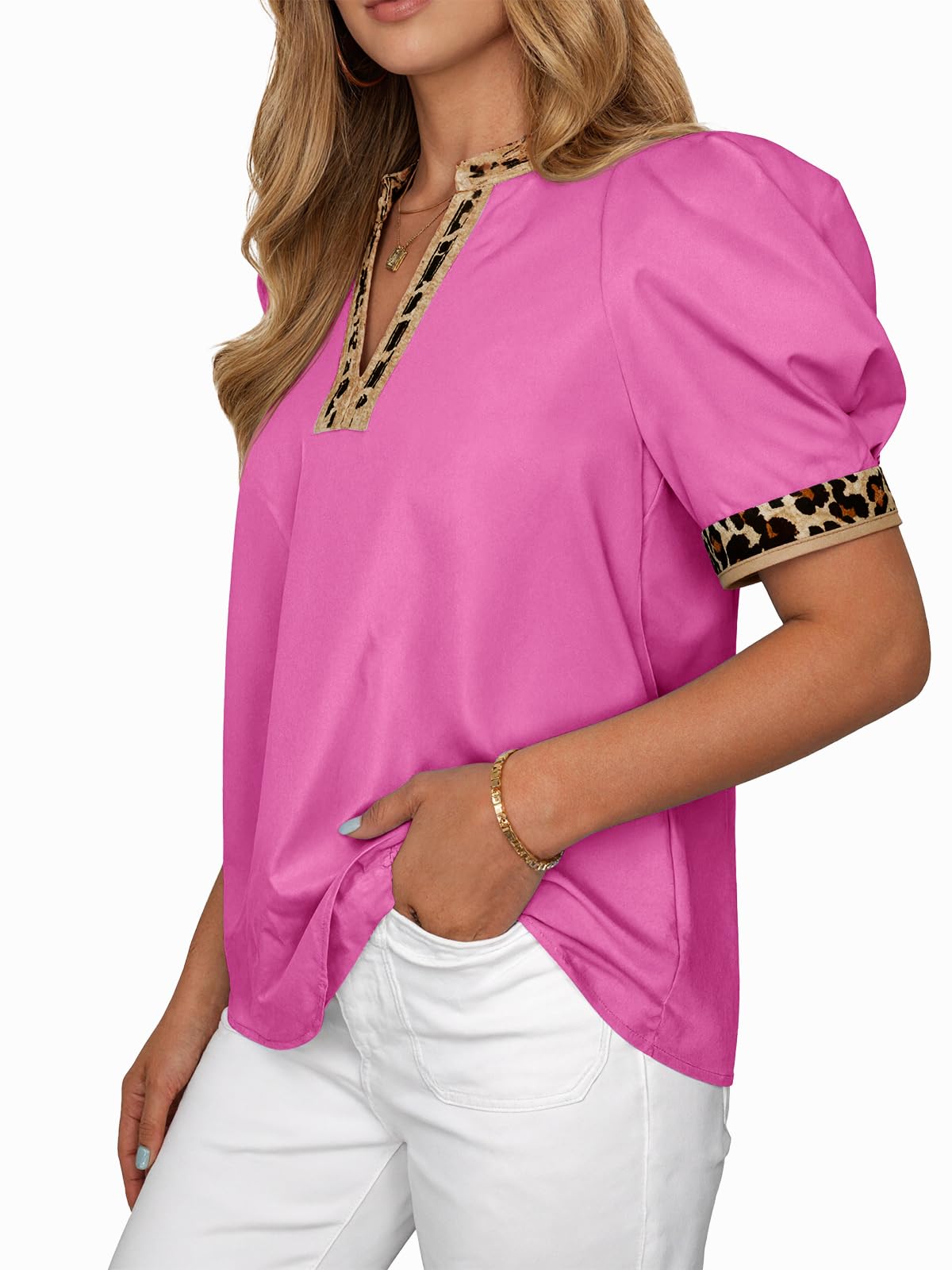 ⏰Hot Sale-Womens Leopard V Neck Color Block Puff Sleeve Tops