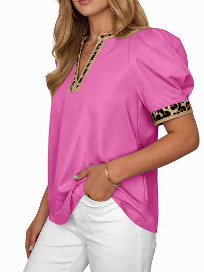 ⏰Hot Sale-Womens Leopard V Neck Color Block Puff Sleeve Tops