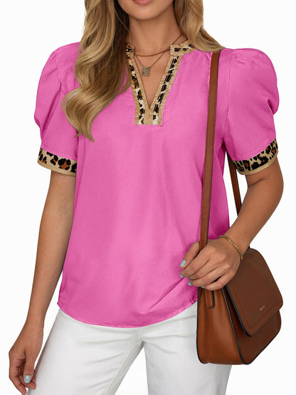 ⏰Hot Sale-Womens Leopard V Neck Color Block Puff Sleeve Tops