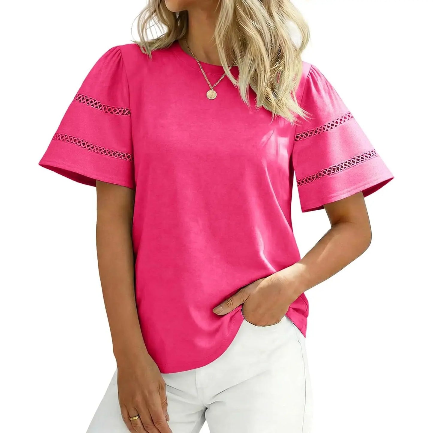 Round Neck Double Hollow Stripe Puff Short Sleeve Loose Basic Tee