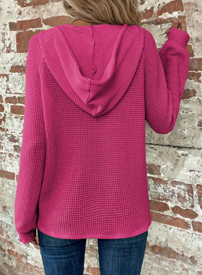 Limited time sale 🔥Women's Waffle Knit Drawstring Button V Neck Hooded Sweatshirt