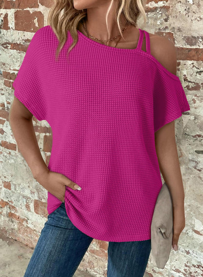 ✨Women's Off One Shoulder Waffle Knit Short Sleeve T-Shirts