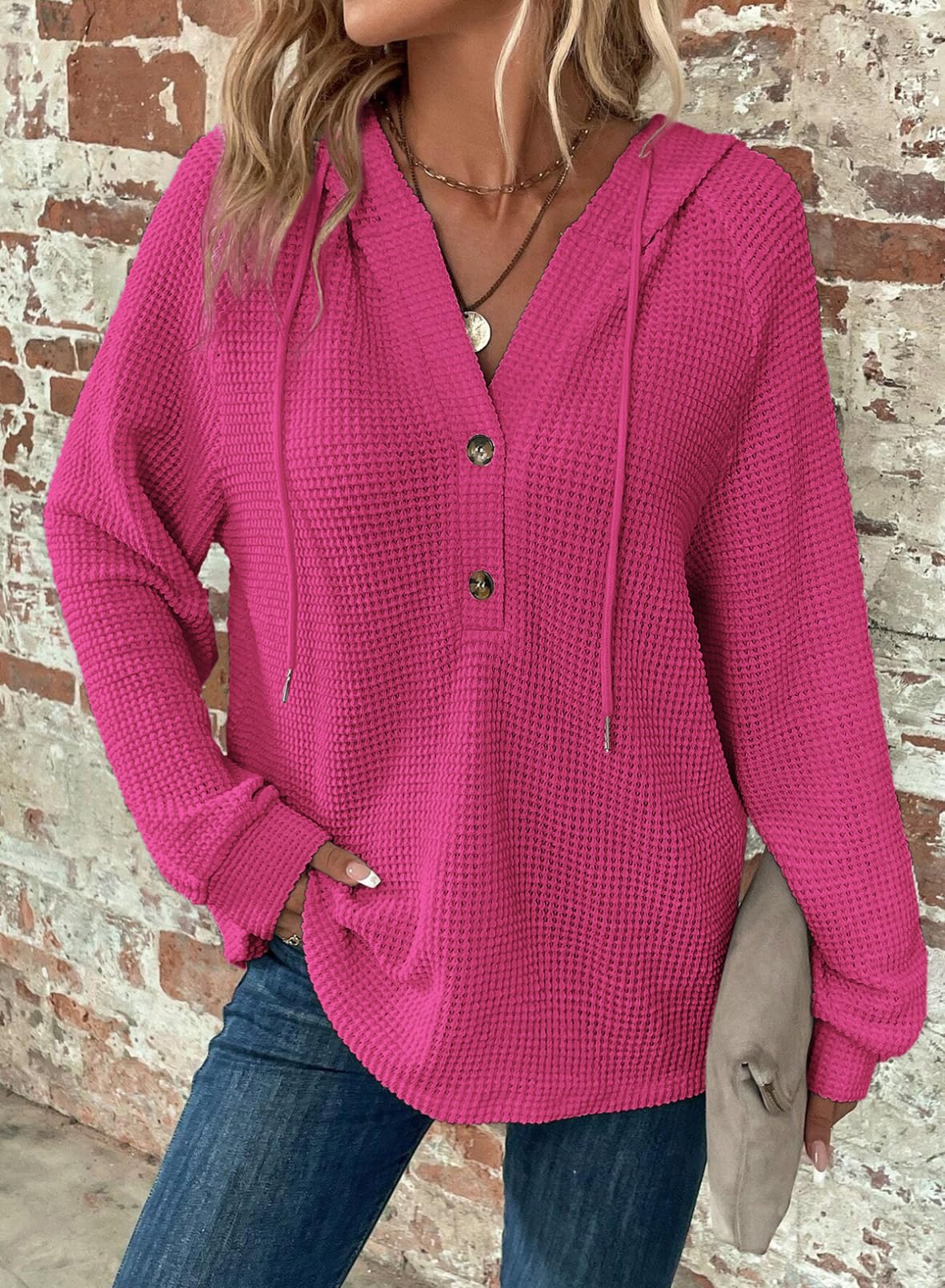 Women's Waffle Knit Drawstring Button V Neck Hooded Sweatshirt(buy 2 free shipping)