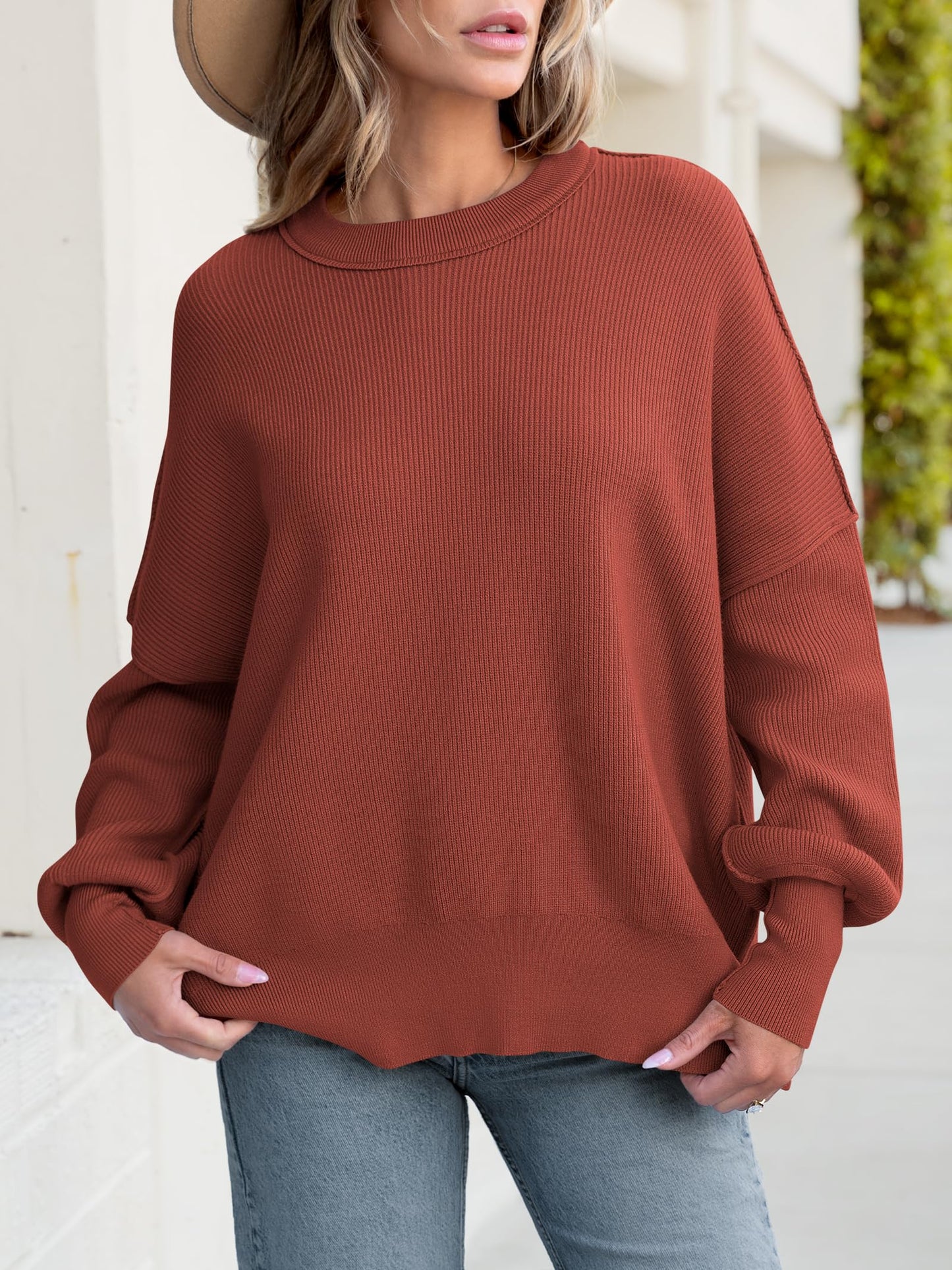 Women Oversized Side Slit Ribbed Knit Pullover Sweaters Top