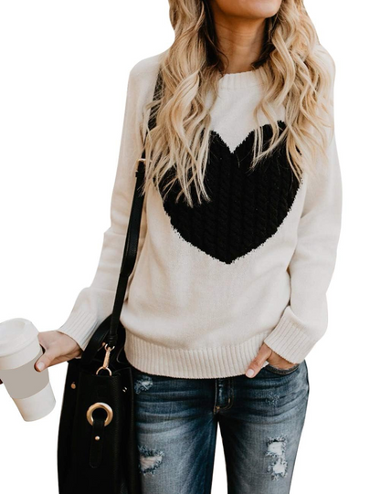 Women's Pullover Sweaters Long Sleeve Front Ribbed Knitted Cute Heart Sweater