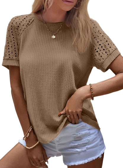 ✨Women's Casual Crew Neck Hollow Out Raglan Short Sleeve Waffle Knit Tops