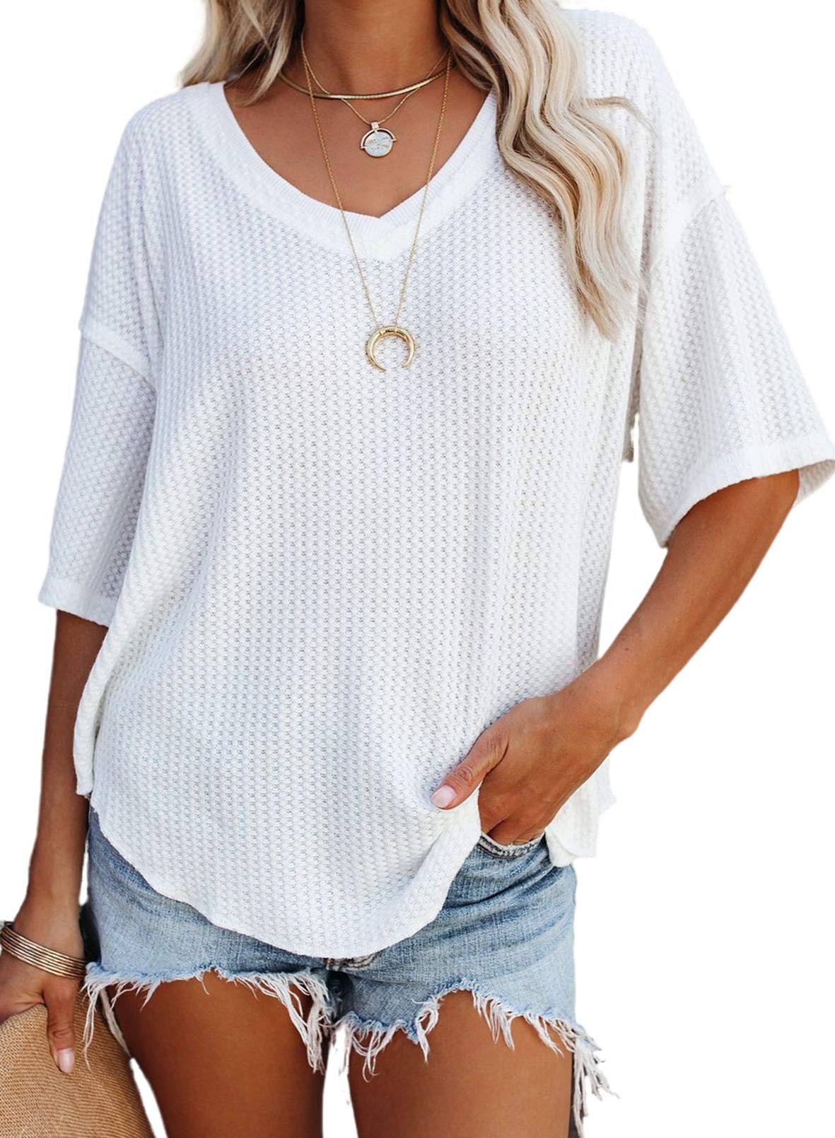 ✨Women's Causual V Neck Short Sleeve Shirts Waffle Knit Loose Tunic Tops