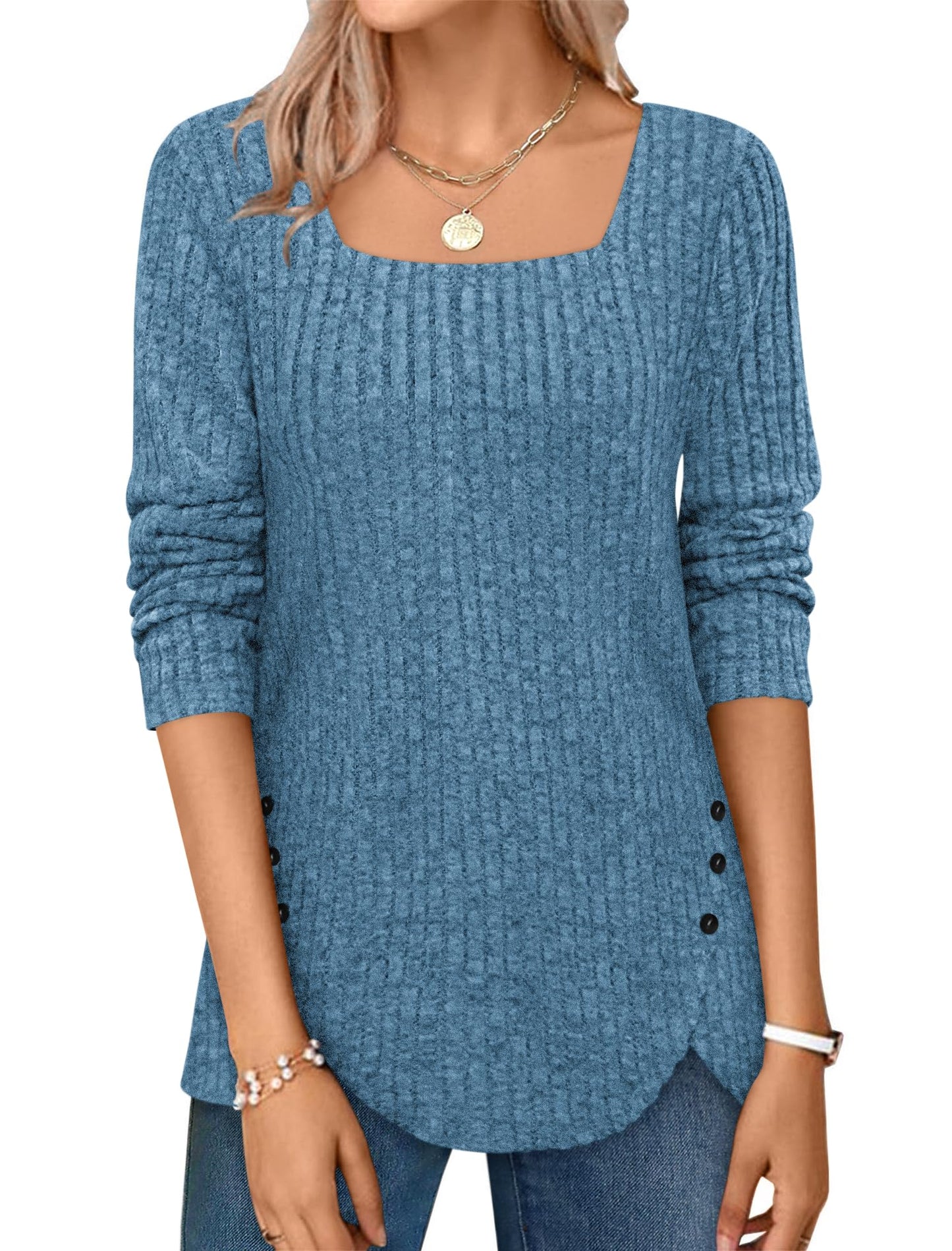 ✨Squared Neck Sweater Ribbed Knit Tunic Tee Shirts