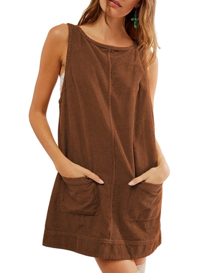 ⏰Hot Sale-Women's Round Neck Corduroy Overall Dress