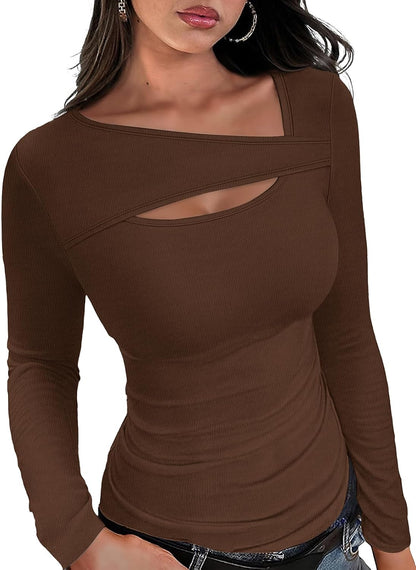 ✨Womens Cutout Long Sleeve Shirts Ribbed Slim Fit Tops