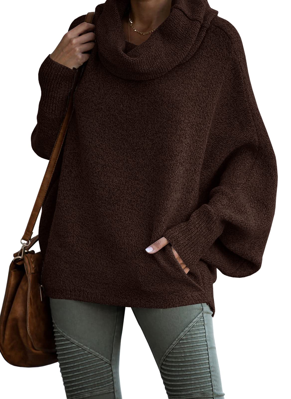 Women's Cowl Neck Batwing Sleeve Pullover Sweater with Pockets(50% OFF)