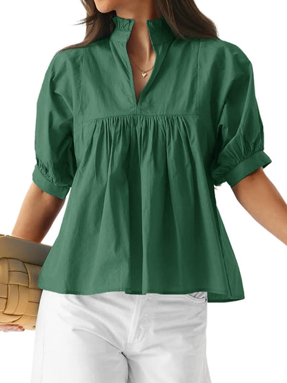 ✨ Women's Puff Sleeve V Neck Casual Pleated Tops