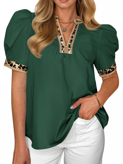 ⏰Hot Sale-Womens Leopard V Neck Color Block Puff Sleeve Tops
