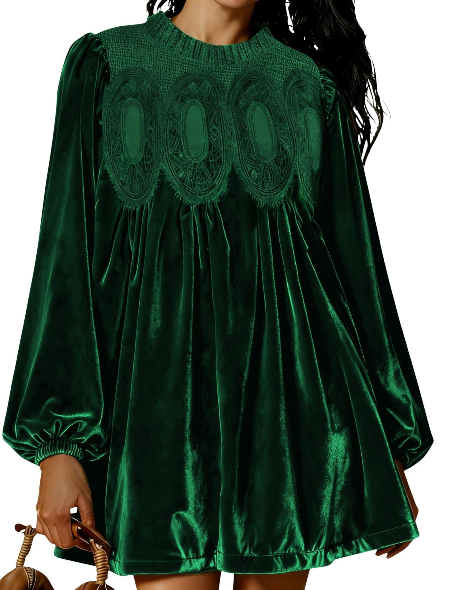 ⏰Hot Sale-Womens A-Line Velvet Lace Overall Pleated Babydoll Mini Dress