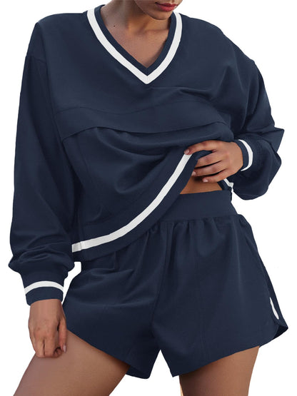 Womens Long Sleeve V Neck Sweatshirt High Waist Running Shorts Sets