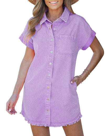 Limited time sale🔥Women's Button Down Frayed Hem Denim Shirt Dresses