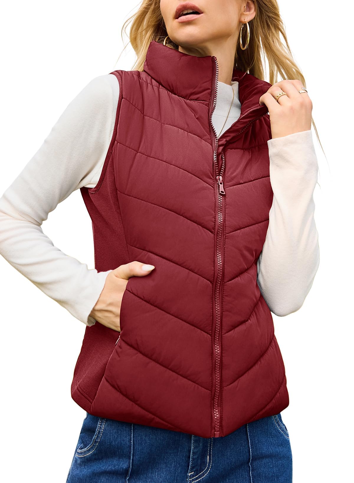 ⏰Hot Sale-Womens Sleeveless Zip Up Outerwear Stand Collar Quilted Puffer Vest