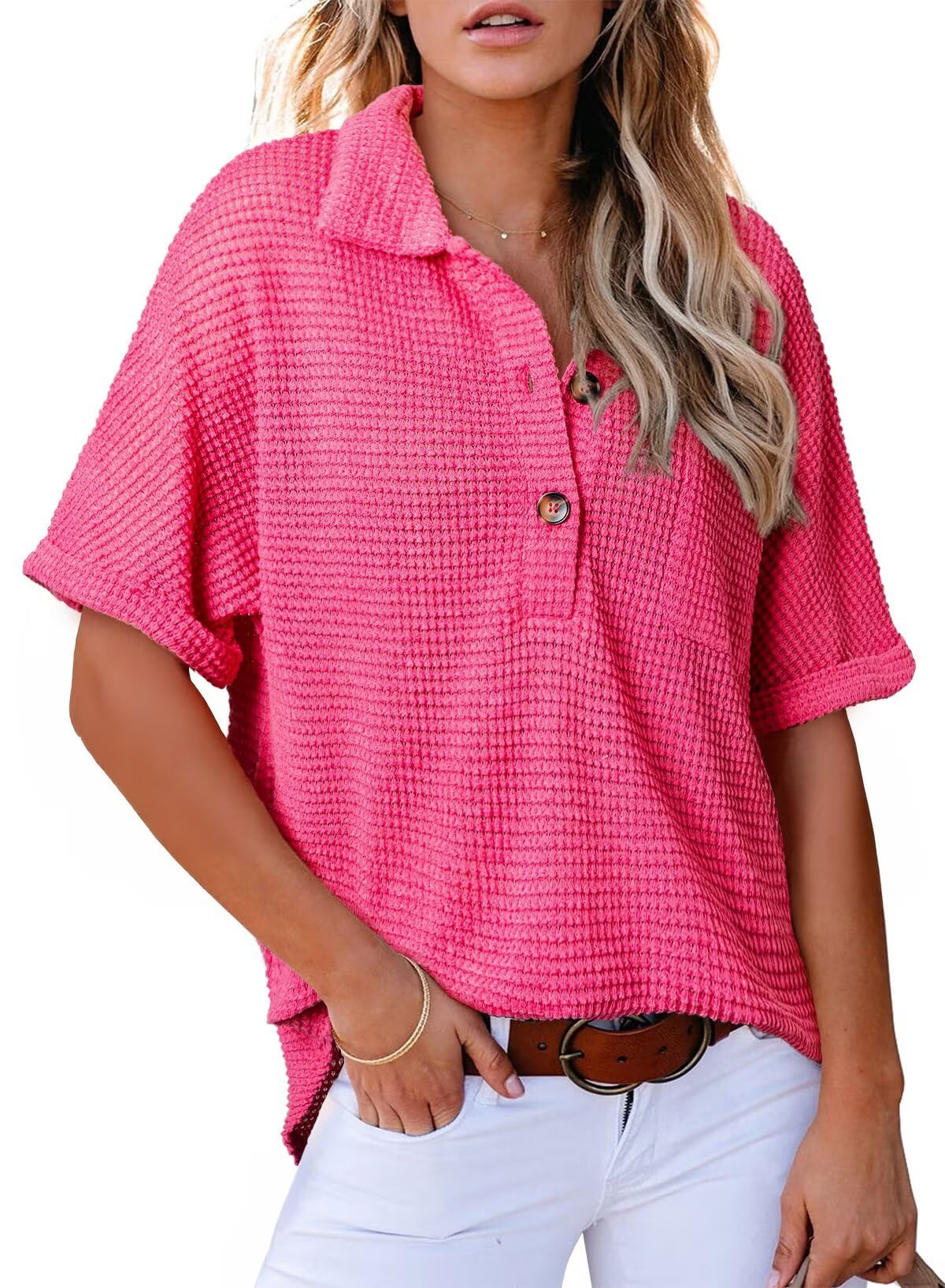 ✨2025 New Women's Waffle Knit Short Sleeve Tunic Henley Shirts