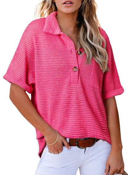 Limited time sale🔥Women's Waffle Knit Short Sleeve Tunic Henley Top