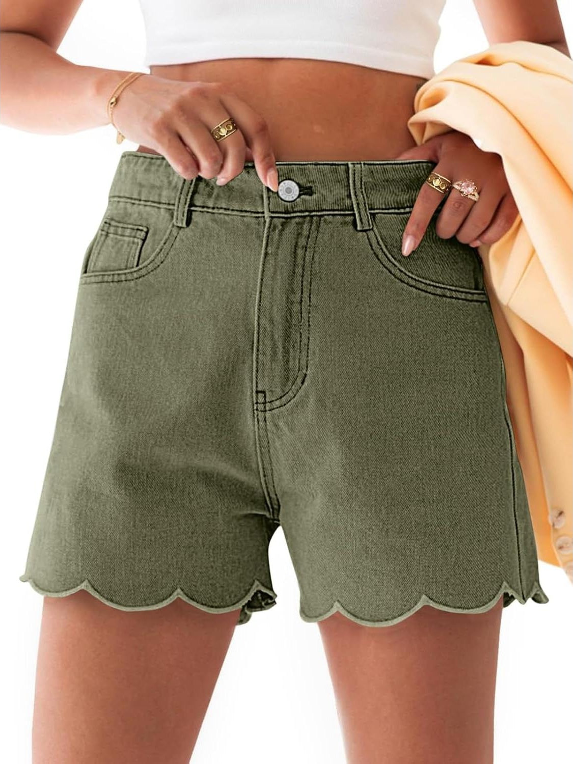 Women's High Waist Scalloped Hem Denim Shorts
