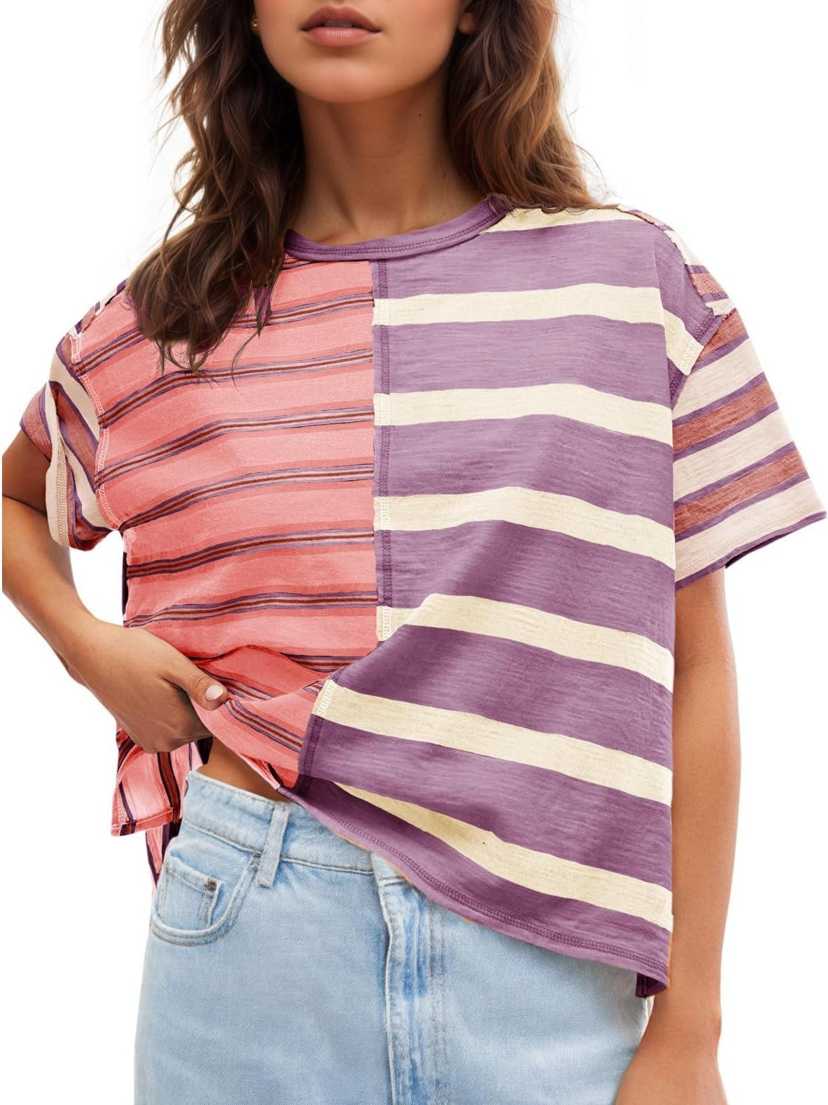 Women's Color Block Striped Crew Neck Short Sleeve T-Shirt