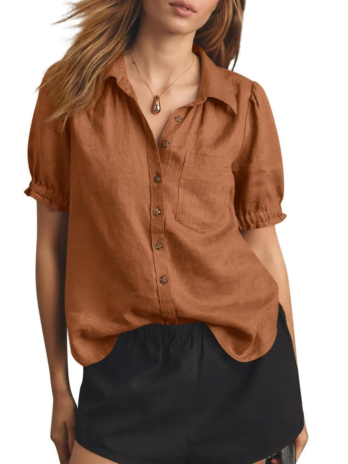 Women's Puff Short Sleeve Linen Blend Button-Down Shirt
