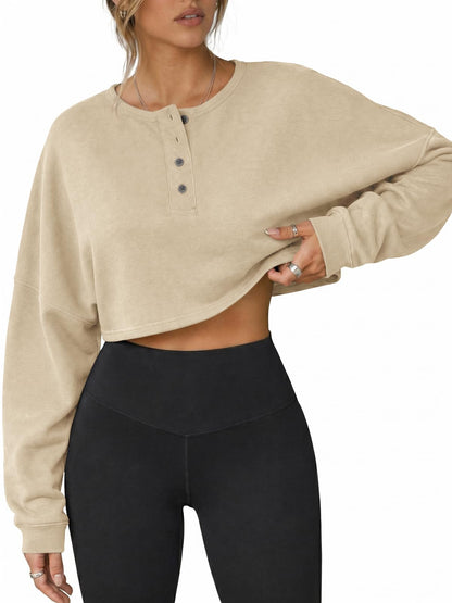 Womens Long Sleeve Cropped Henley Neck Sweatshirts