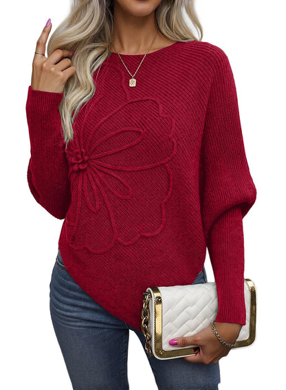 Women's Crew Neck Elegant Floral Pattern Batwing Sleeve Sweaters