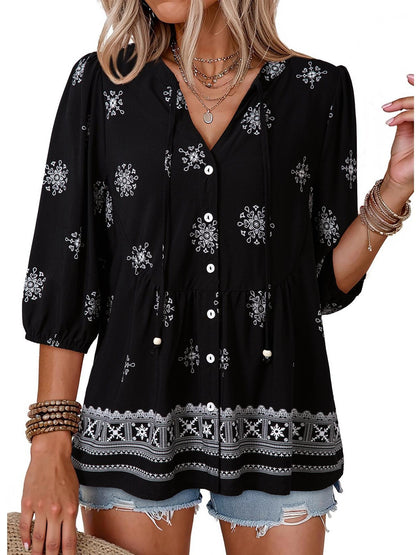 Women's Boho Floral V-Neck Button-Down Peplum Blouse