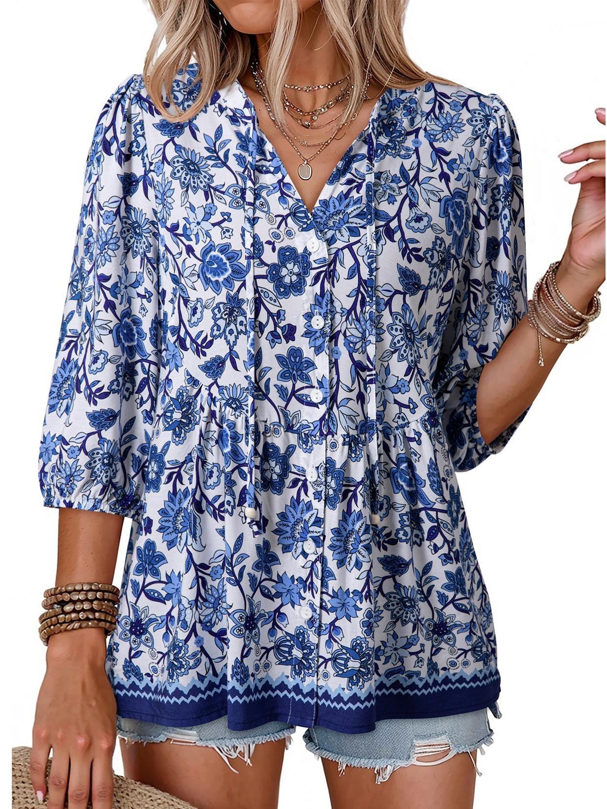 Women's Boho Floral V-Neck Button-Down Peplum Blouse