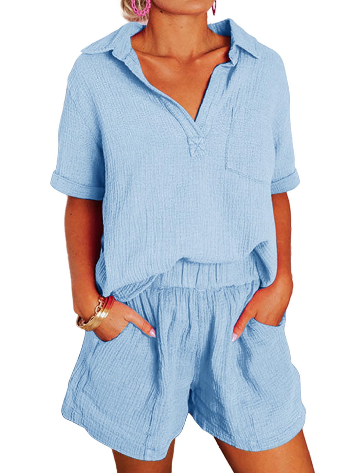 ✨Women's Two Piece Outfits V Neck Short Sleeve Shirts and High Waist Shorts Lounge Sets