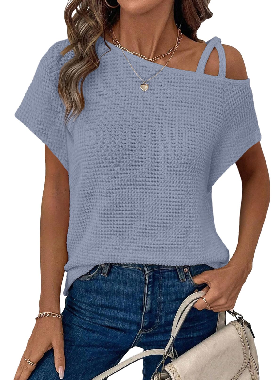 ✨Women's Off One Shoulder Waffle Knit Short Sleeve T-Shirts
