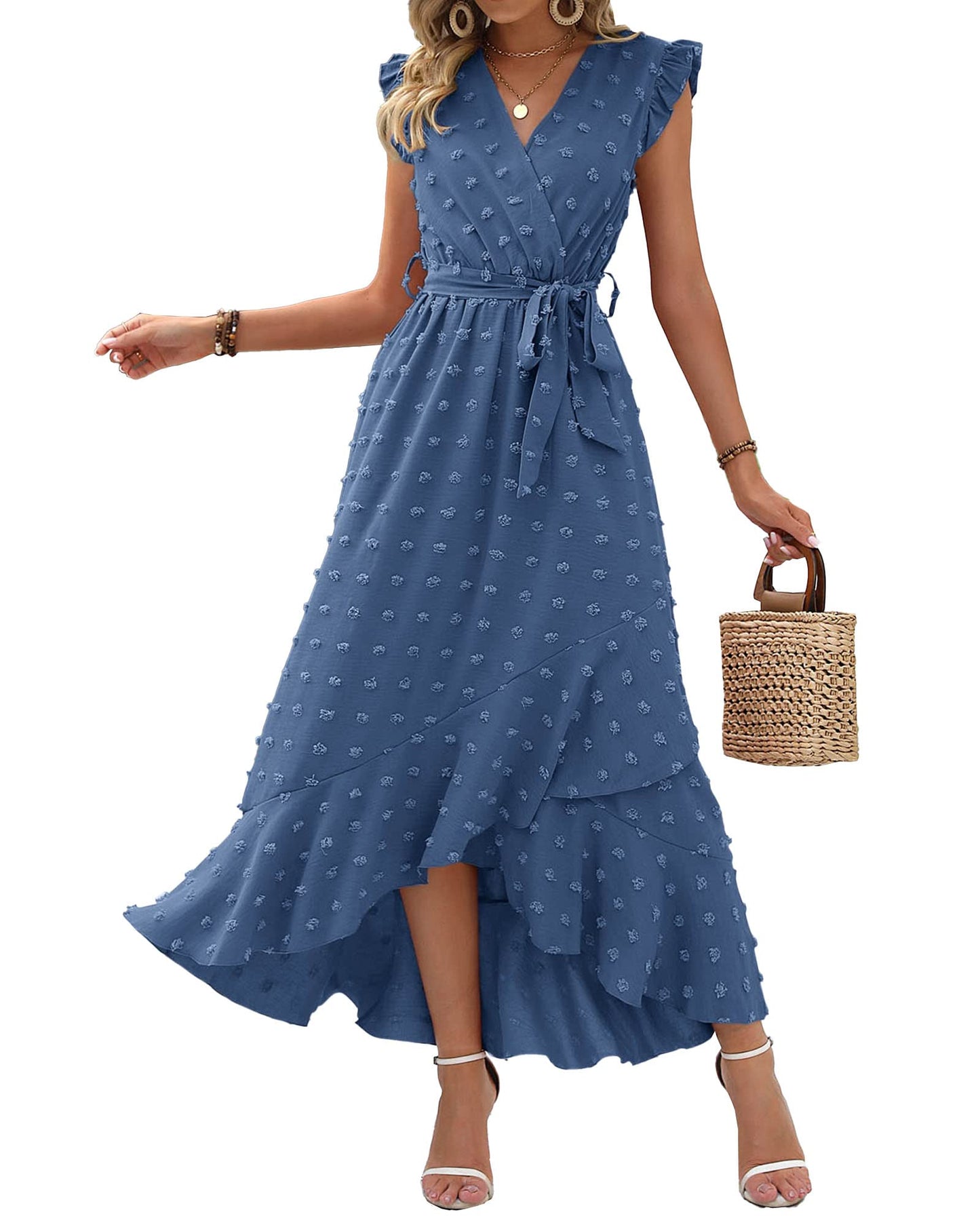 ✨Women's V Neck Cap Sleeve Swiss Dot Boho Flowy Ruffle Slit Long Maxi Dresses
