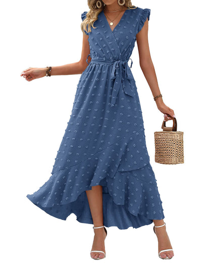 ✨Women's V Neck Cap Sleeve Swiss Dot Boho Flowy Ruffle Slit Long Maxi Dresses