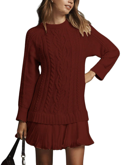 ✨Women Crewneck Cable Knit Sweater Mini Dress