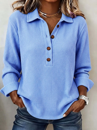 Hot Sale-Women's Waffle Lapel Half Button Long Sleeve Top