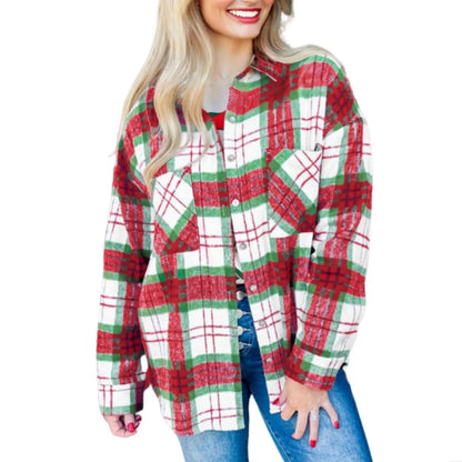 Women's Long Sleeve Christmas Plaid Flannel Shacket with Pockets