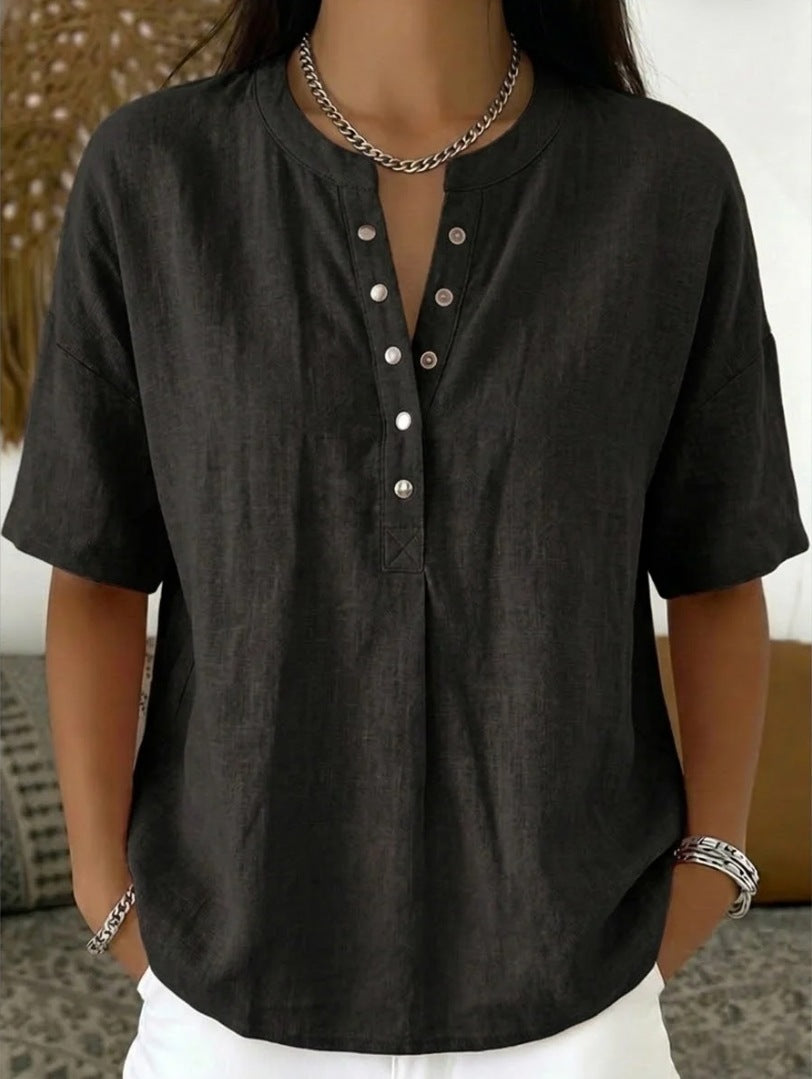 Women's Henley Neck Half-Button Casual Blouse