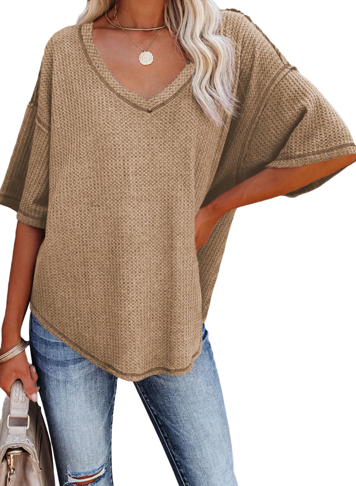 ✨Women's Causual V Neck Short Sleeve Shirts Waffle Knit Loose Tunic Tops