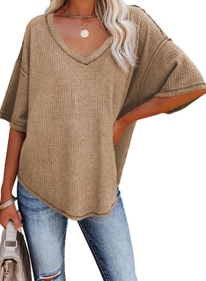 ✨Women's Causual V Neck Short Sleeve Shirts Waffle Knit Loose Tunic Tops